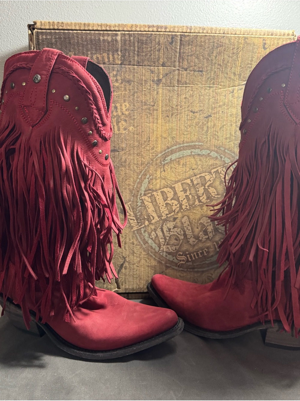 LIBERTY Black Red Fringe Western Heeled Boots - Women
